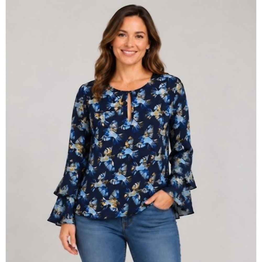 Finn & Grace Swallow Blouse Women Medium Navy Ruffle Tiered Sleeve Cottagecore